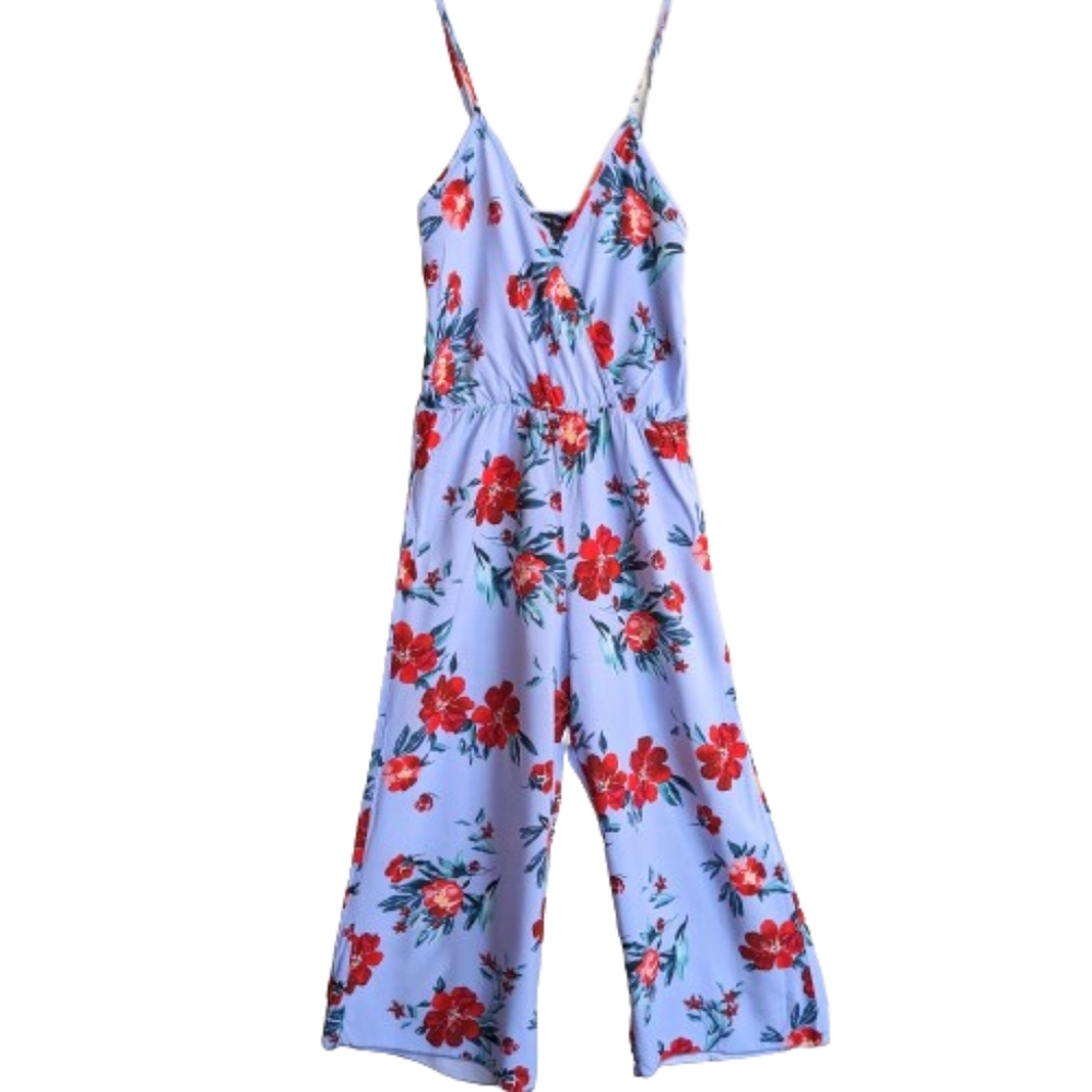 See You Monday Floral Jumpsuit Blue Red Capri Sleeveless Rayon